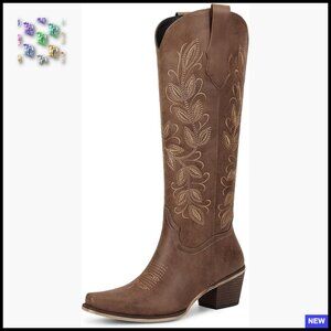 Knee High Cowboy Boots Retro Floral Embroidered Chunky Heel Western Square Toe